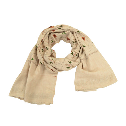 Sanskriti Vintage Pure Woollen Ivory Shawl Handmade Kantha Long Throw Stole