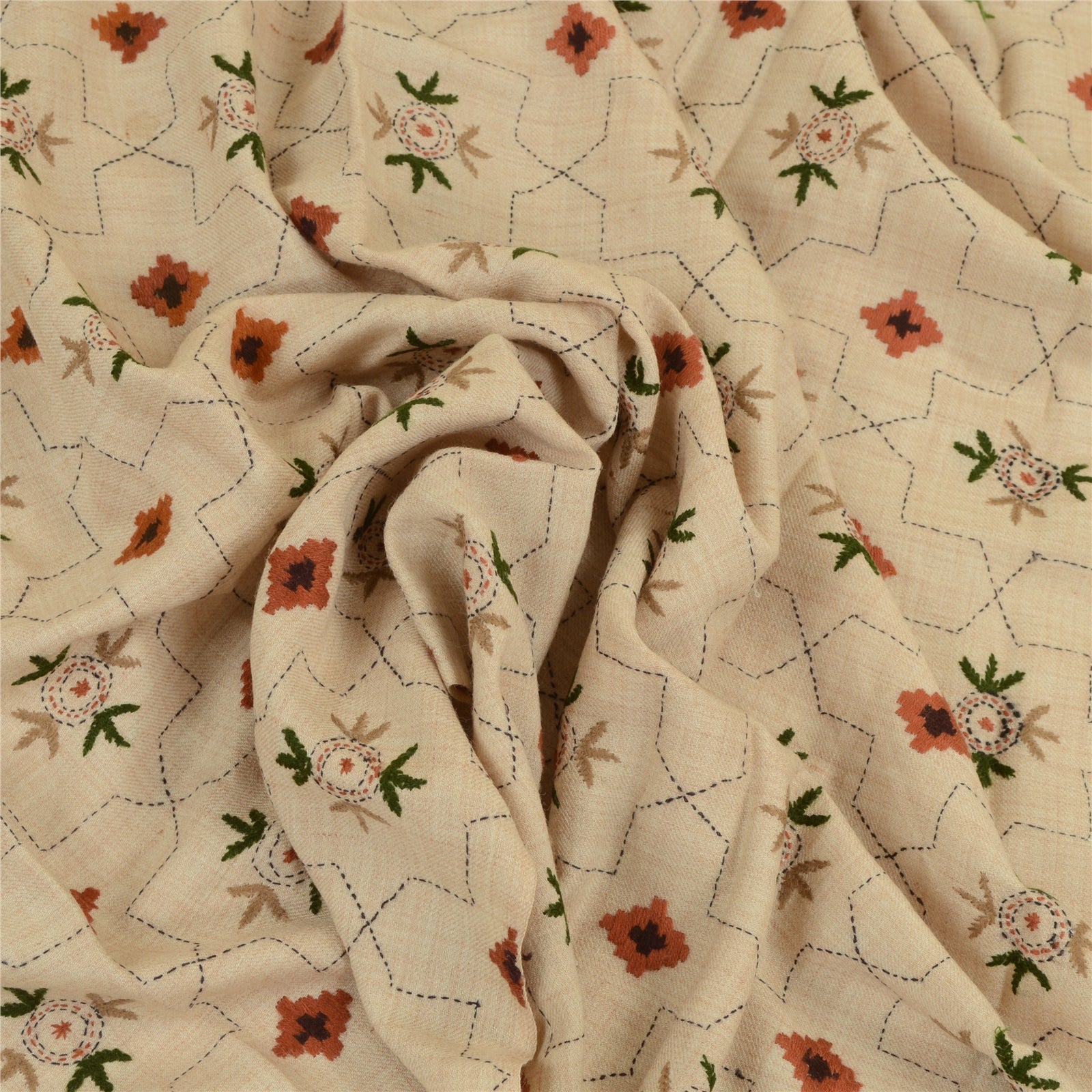 Sanskriti Vintage Pure Woollen Ivory Shawl Handmade Kantha Long Throw Stole