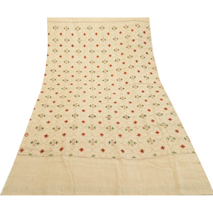 Sanskriti Vintage Pure Woollen Ivory Shawl Handmade Kantha Long Throw Stole