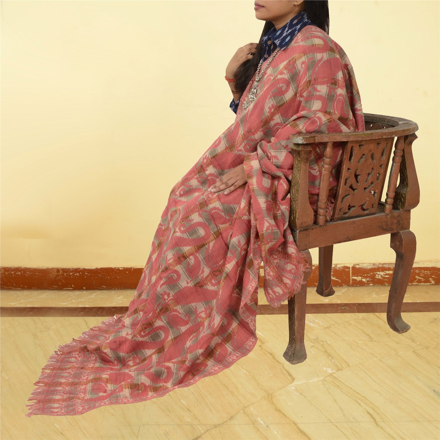 Sanskriti Vintage Long Pink Shawl Pure Woollen Woven Scarf Throw Soft Stole