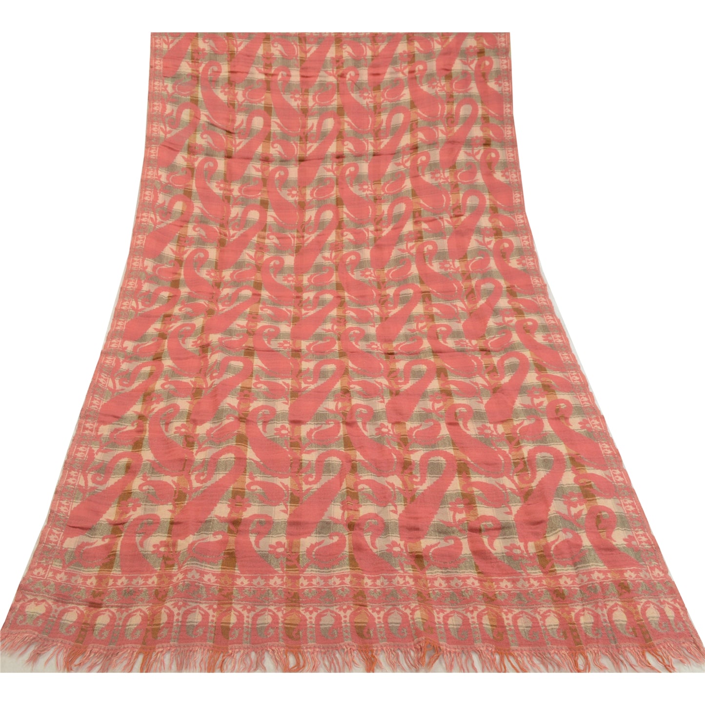 Sanskriti Vintage Long Pink Shawl Pure Woollen Woven Scarf Throw Soft Stole