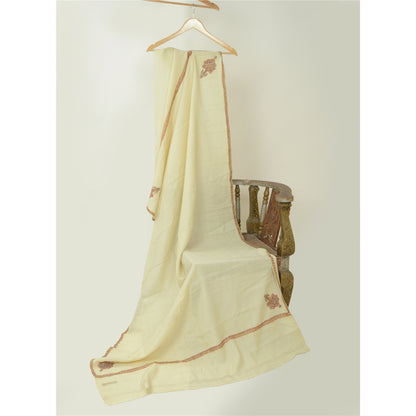 Sanskriti Vintage Ivory Long Shawl Handmade Ari Work Pure Woollen Scarf Stole