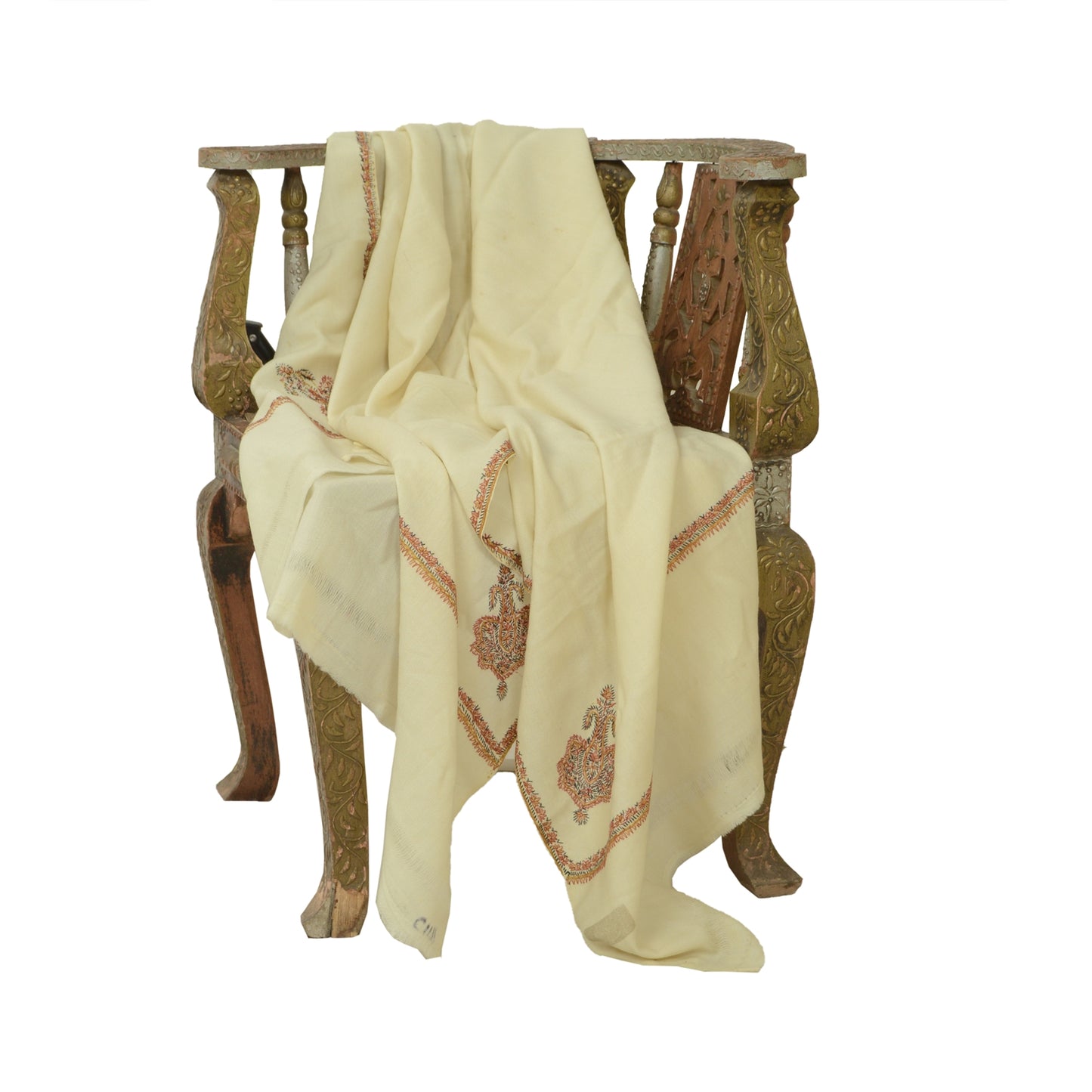 Sanskriti Vintage Ivory Long Shawl Handmade Ari Work Pure Woollen Scarf Stole