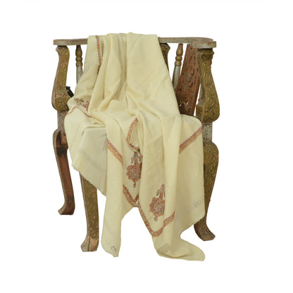 Sanskriti Vintage Ivory Long Shawl Handmade Ari Work Pure Woollen Scarf Stole