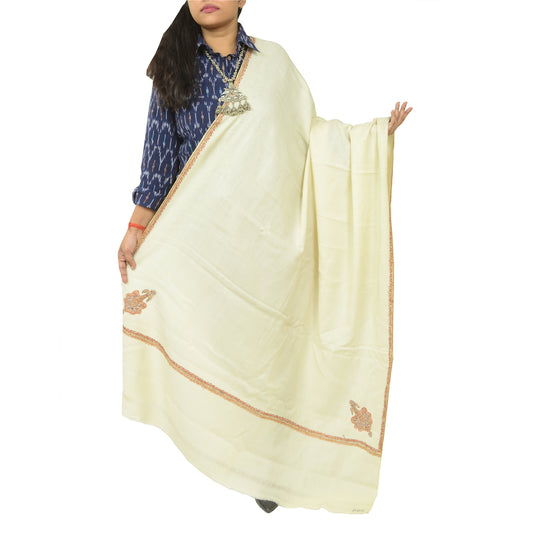 Sanskriti Vintage Ivory Long Shawl Handmade Ari Work Pure Woollen Scarf Stole