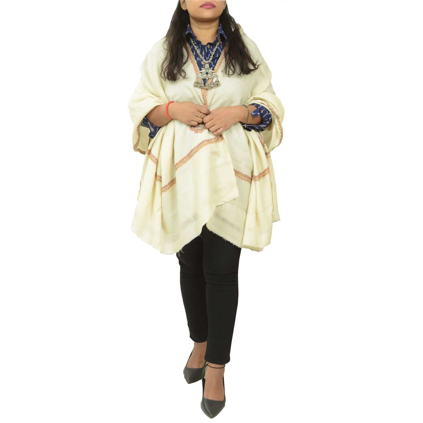 Sanskriti Vintage Ivory Long Shawl Handmade Ari Work Pure Woollen Scarf Stole