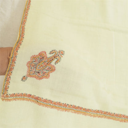 Sanskriti Vintage Ivory Long Shawl Handmade Ari Work Pure Woollen Scarf Stole