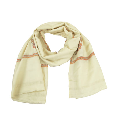 Sanskriti Vintage Ivory Long Shawl Handmade Ari Work Pure Woollen Scarf Stole