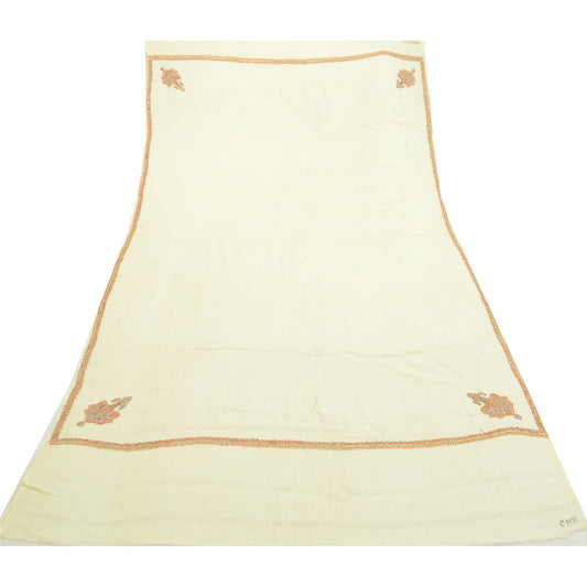 Sanskriti Vintage Ivory Long Shawl Handmade Ari Work Pure Woollen Scarf Stole