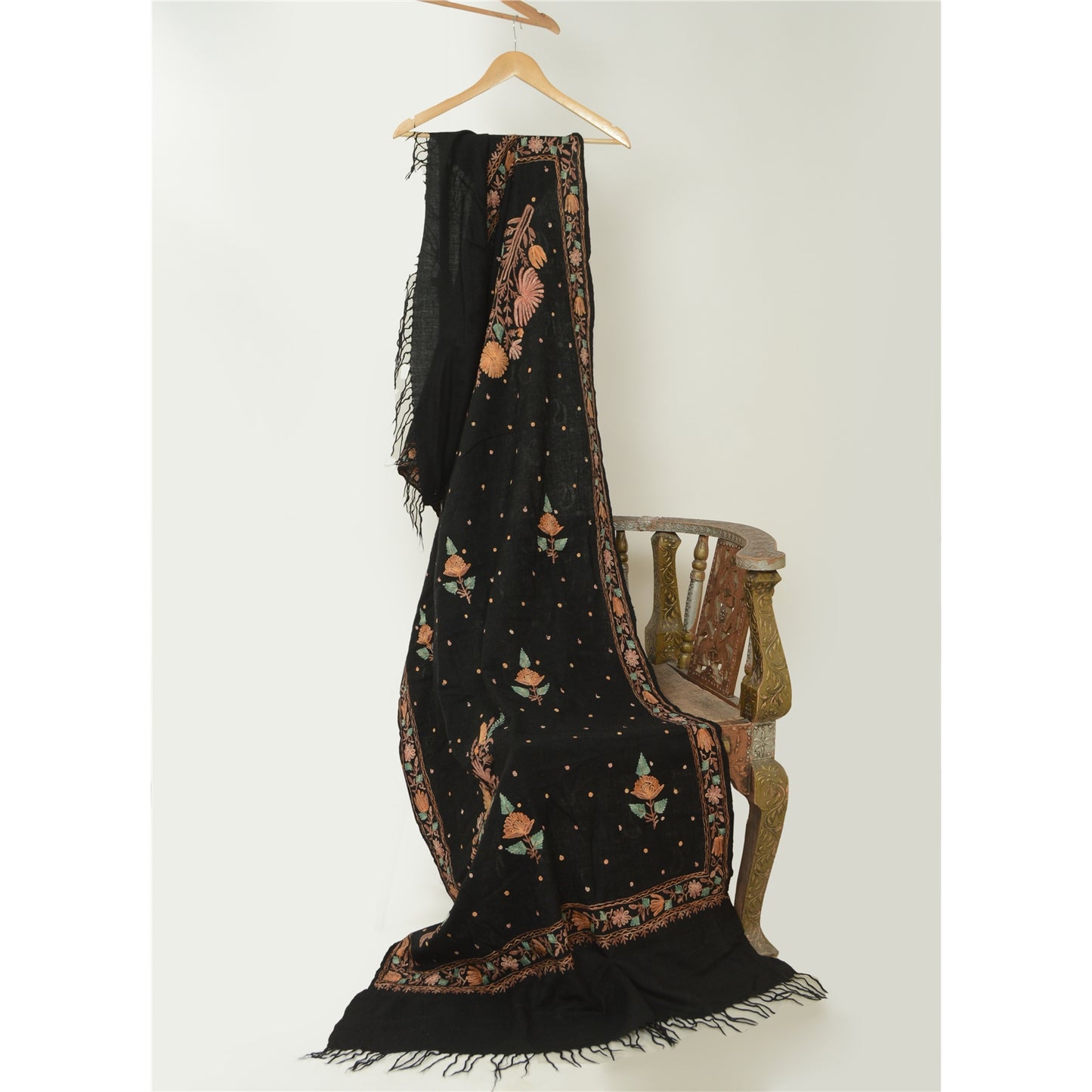 Sanskriti Vintage Black Long Shawl Handmade Ari Work Pure Woollen Scarf Stole