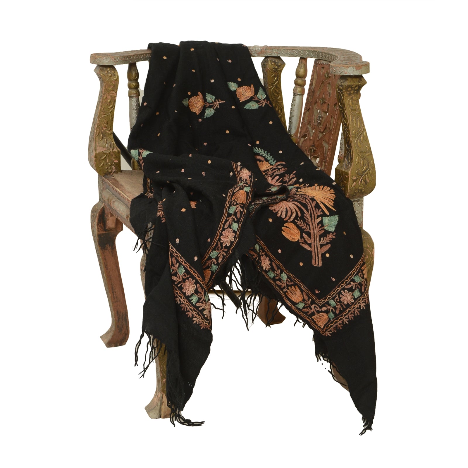 Sanskriti Vintage Black Long Shawl Handmade Ari Work Pure Woollen Scarf Stole