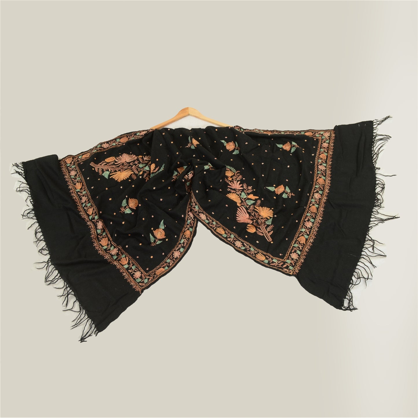 Sanskriti Vintage Black Long Shawl Handmade Ari Work Pure Woollen Scarf Stole