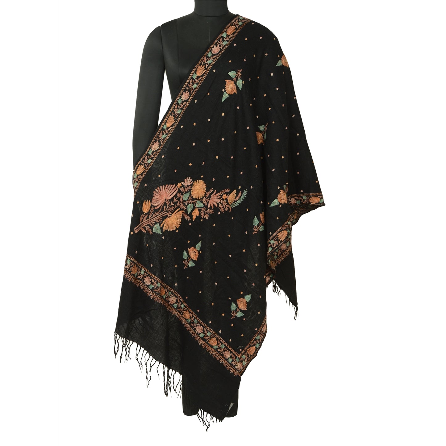 Sanskriti Vintage Black Long Shawl Handmade Ari Work Pure Woollen Scarf Stole