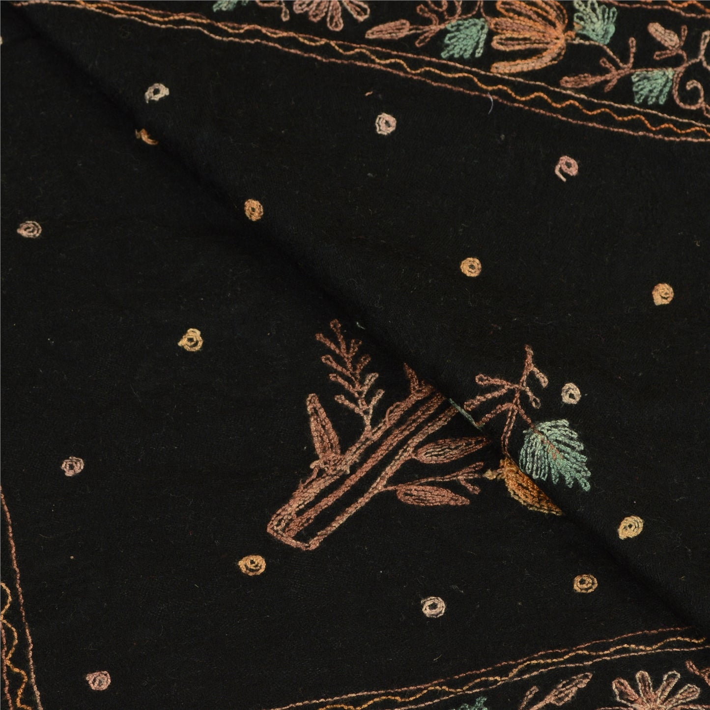 Sanskriti Vintage Black Long Shawl Handmade Ari Work Pure Woollen Scarf Stole