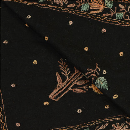 Sanskriti Vintage Black Long Shawl Handmade Ari Work Pure Woollen Scarf Stole