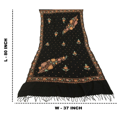 Sanskriti Vintage Black Long Shawl Handmade Ari Work Pure Woollen Scarf Stole