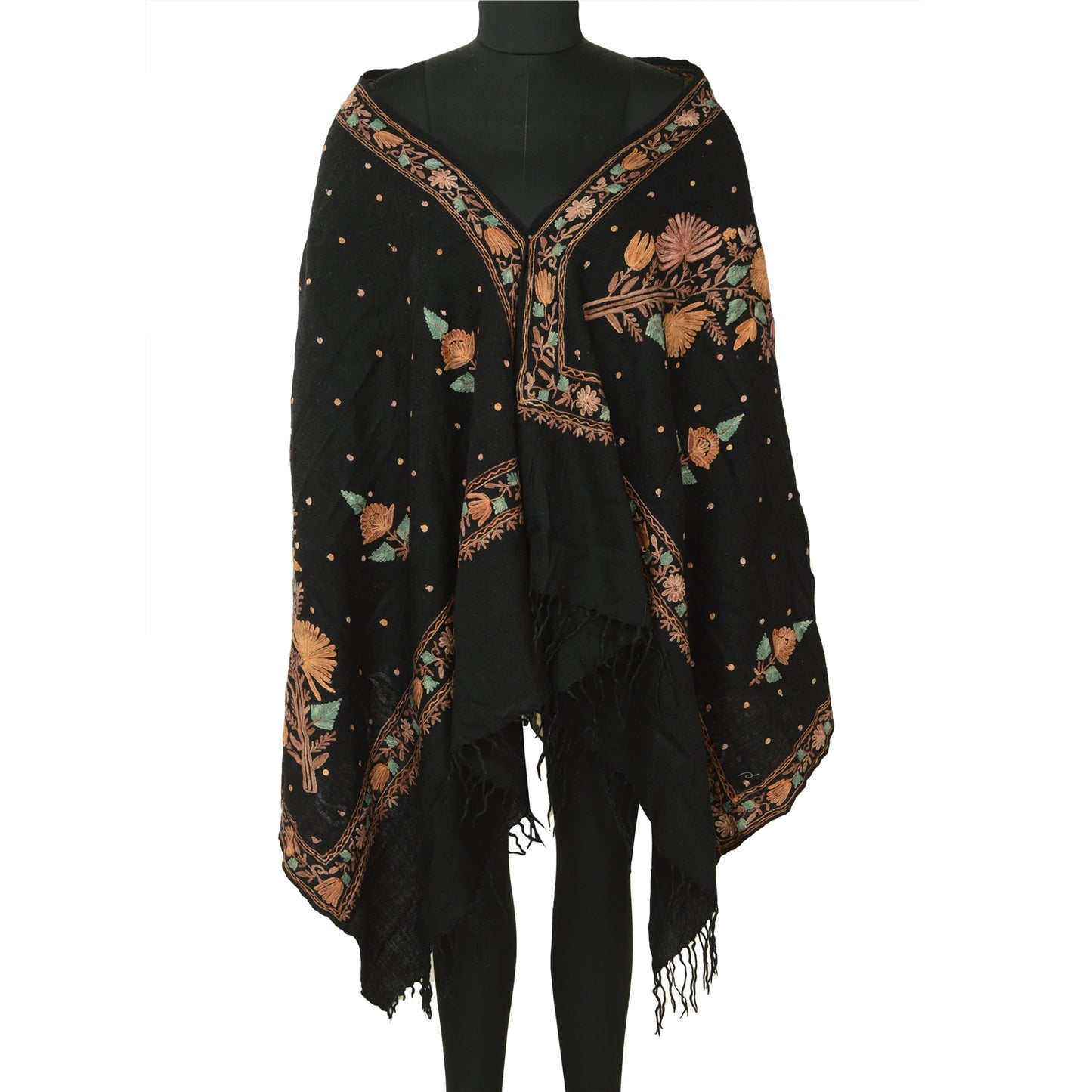 Sanskriti Vintage Black Long Shawl Handmade Ari Work Pure Woollen Scarf Stole