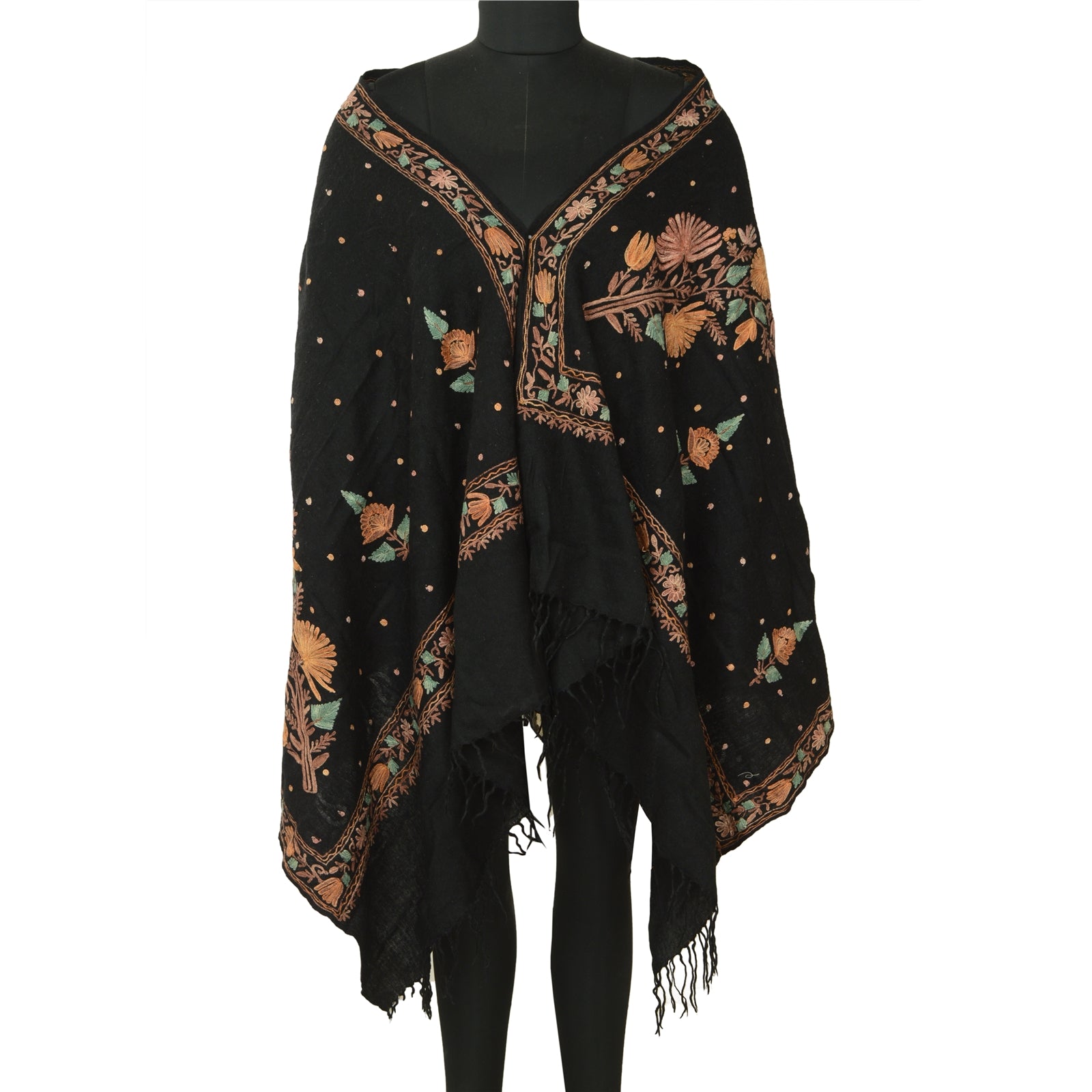 Sanskriti Vintage Black Long Shawl Handmade Ari Work Pure Woollen Scarf Stole