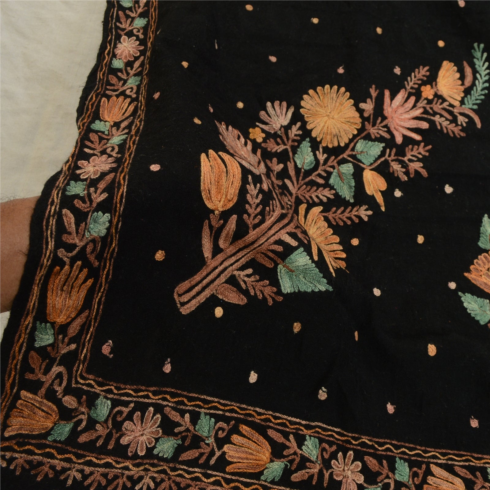 Sanskriti Vintage Black Long Shawl Handmade Ari Work Pure Woollen Scarf Stole