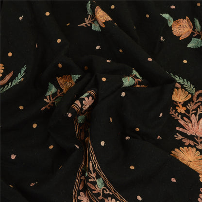 Sanskriti Vintage Black Long Shawl Handmade Ari Work Pure Woollen Scarf Stole