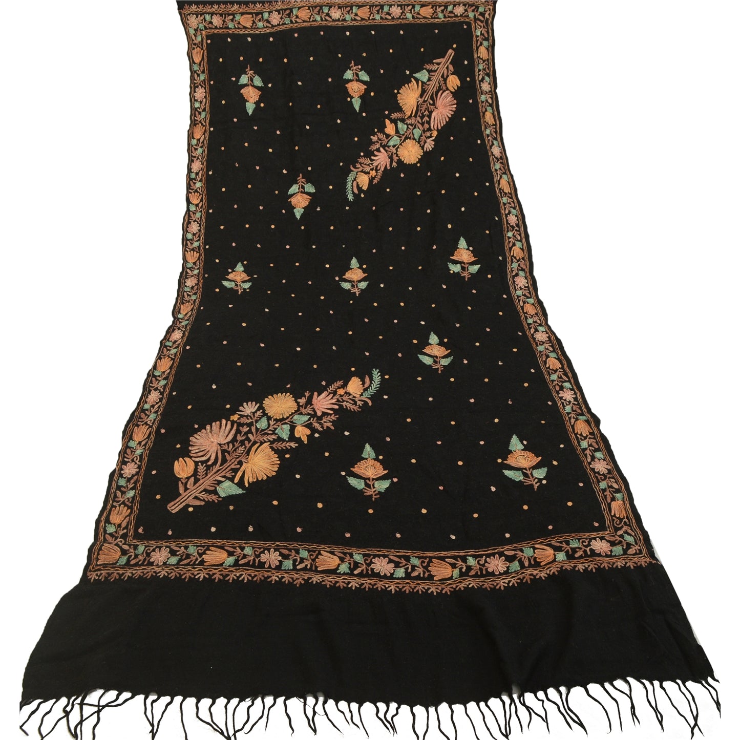 Sanskriti Vintage Black Long Shawl Handmade Ari Work Pure Woollen Scarf Stole