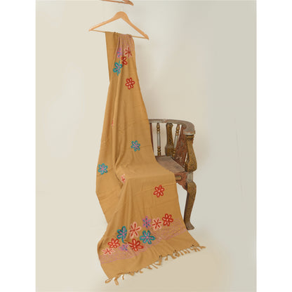 Sanskriti Vintage Beige Long Shawl Handmade Ari Work Pure Woolen Scarf Stole