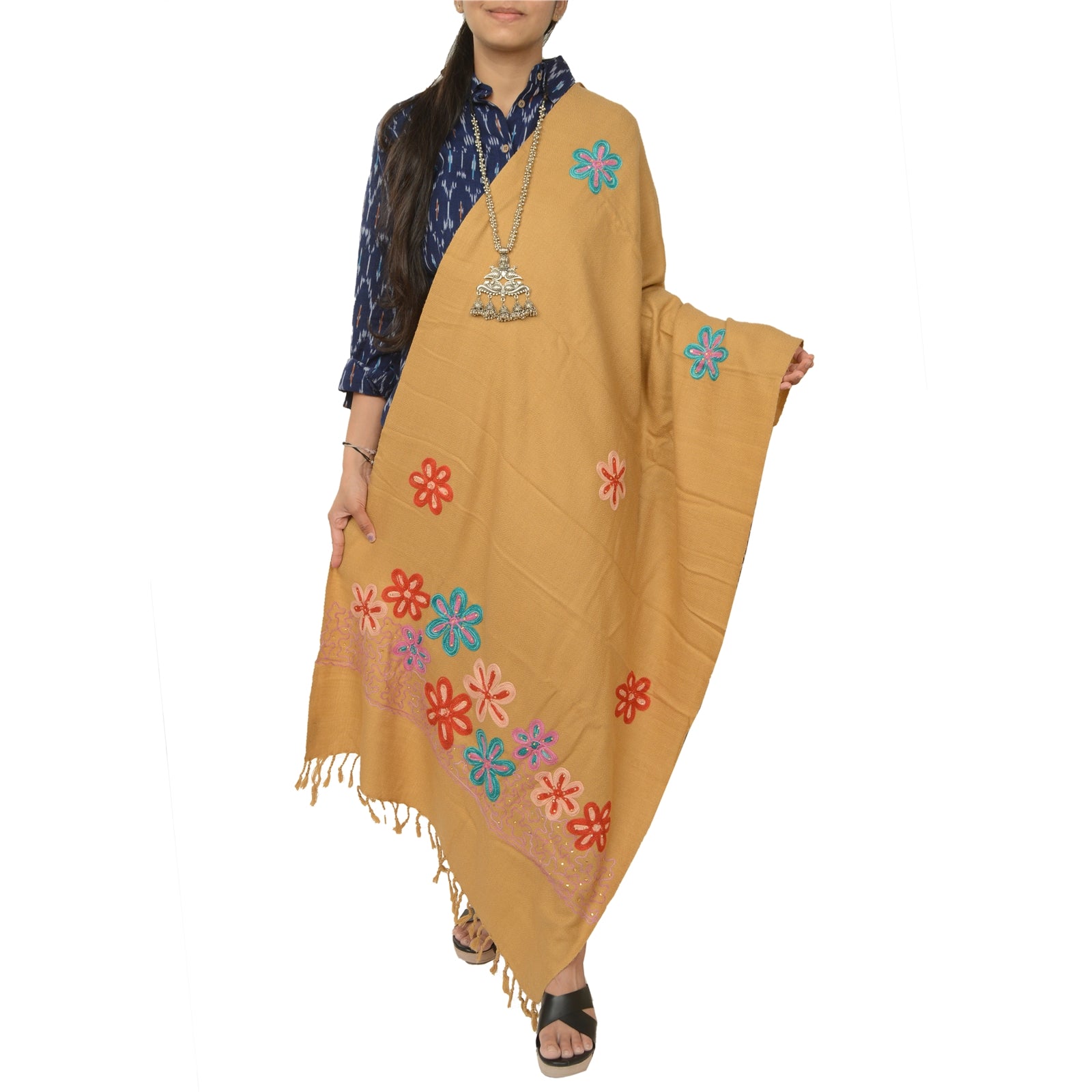 Sanskriti Vintage Beige Long Shawl Handmade Ari Work Pure Woolen Scarf Stole