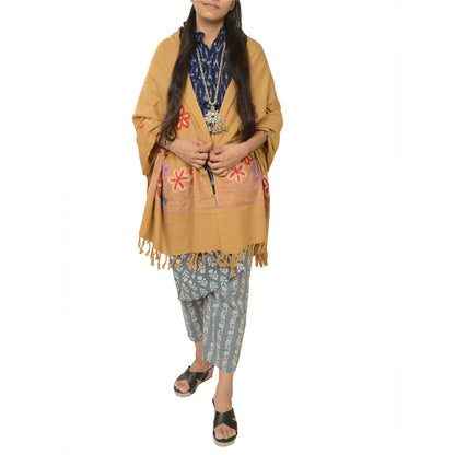 Sanskriti Vintage Beige Long Shawl Handmade Ari Work Pure Woolen Scarf Stole