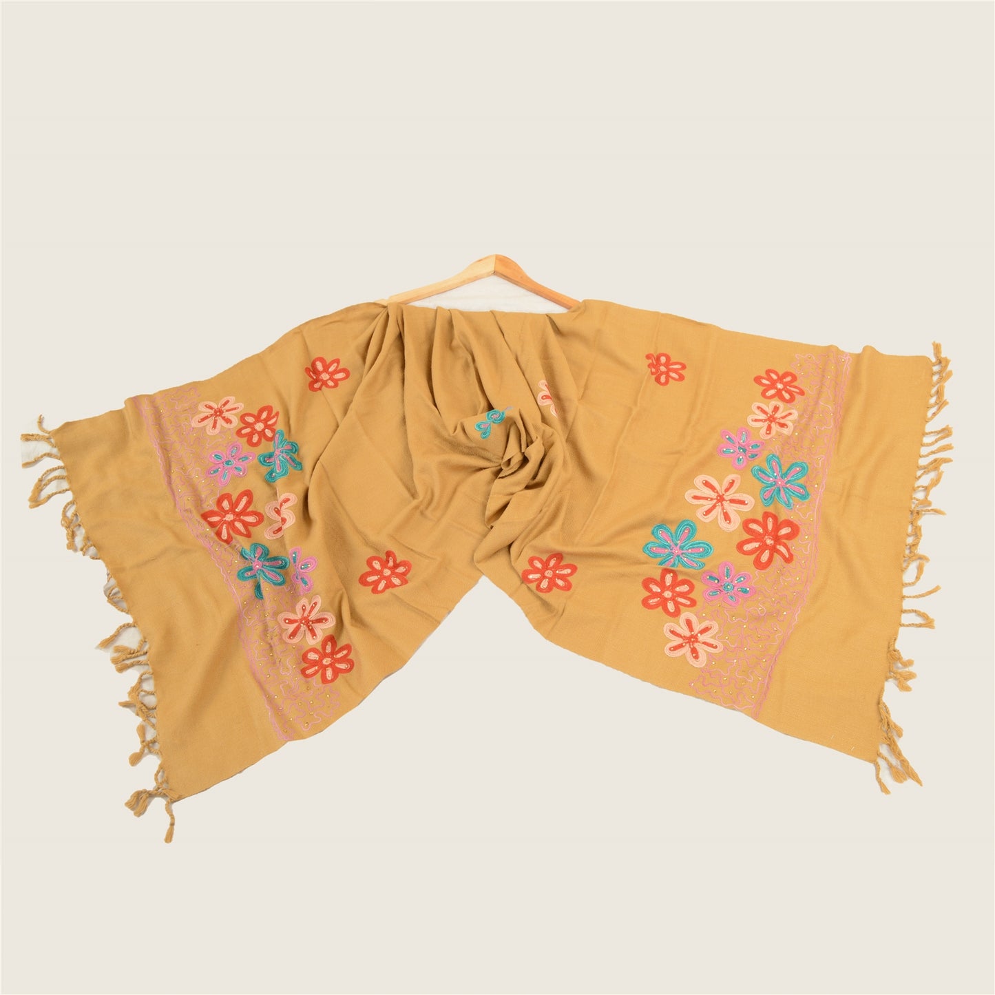 Sanskriti Vintage Beige Long Shawl Handmade Ari Work Pure Woolen Scarf Stole