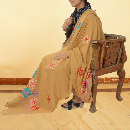 Sanskriti Vintage Beige Long Shawl Handmade Ari Work Pure Woolen Scarf Stole