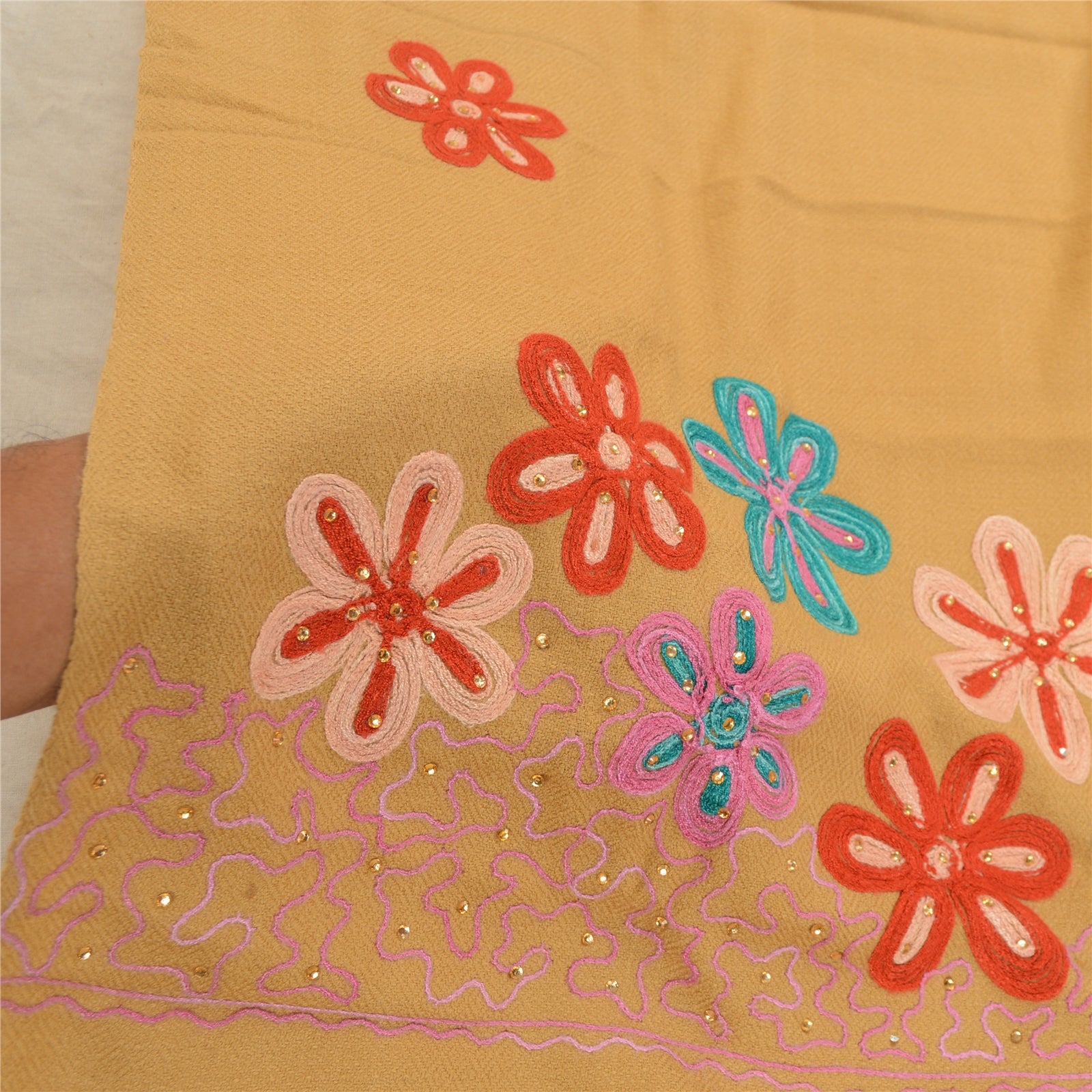 Sanskriti Vintage Beige Long Shawl Handmade Ari Work Pure Woolen Scarf Stole