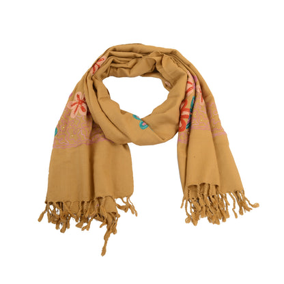 Sanskriti Vintage Beige Long Shawl Handmade Ari Work Pure Woolen Scarf Stole