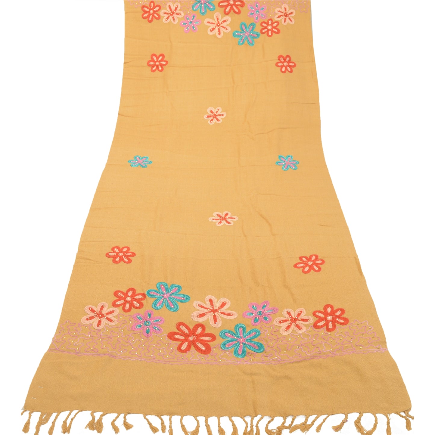 Sanskriti Vintage Beige Long Shawl Handmade Ari Work Pure Woolen Scarf Stole