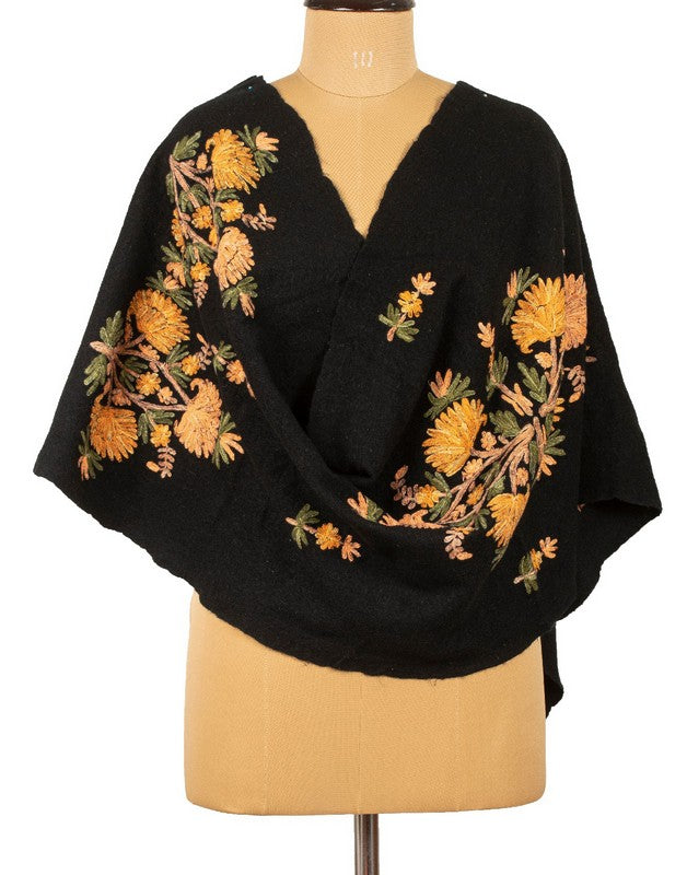 Sanskriti Vintage Black Long Shawl Handmade Ari Work Pure Woolen Scarf Stole
