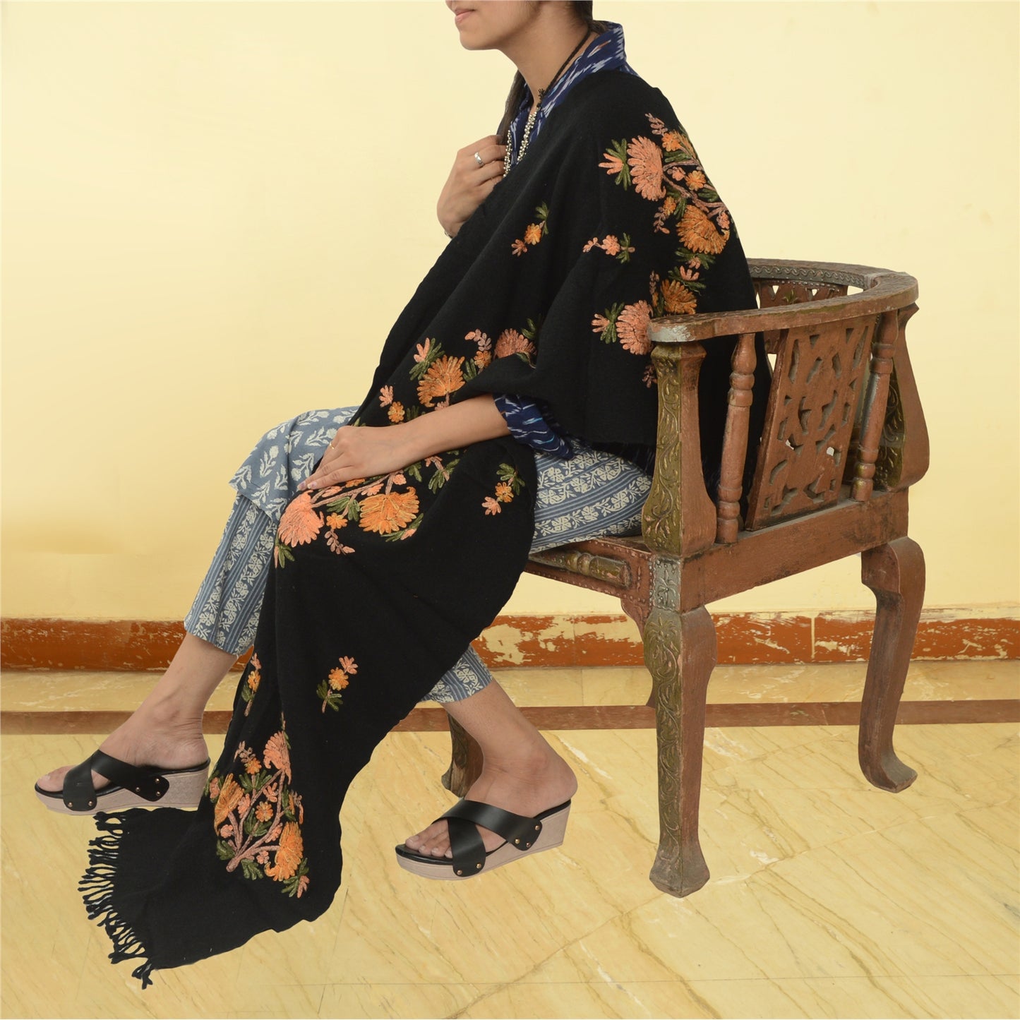 Sanskriti Vintage Black Long Shawl Handmade Ari Work Pure Woolen Stole mikasa upholstery fabric