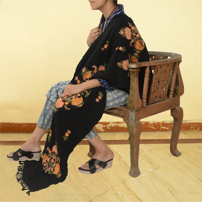 Sanskriti Vintage Black Long Shawl Handmade Ari Work Pure Woolen Stole mikasa upholstery fabric