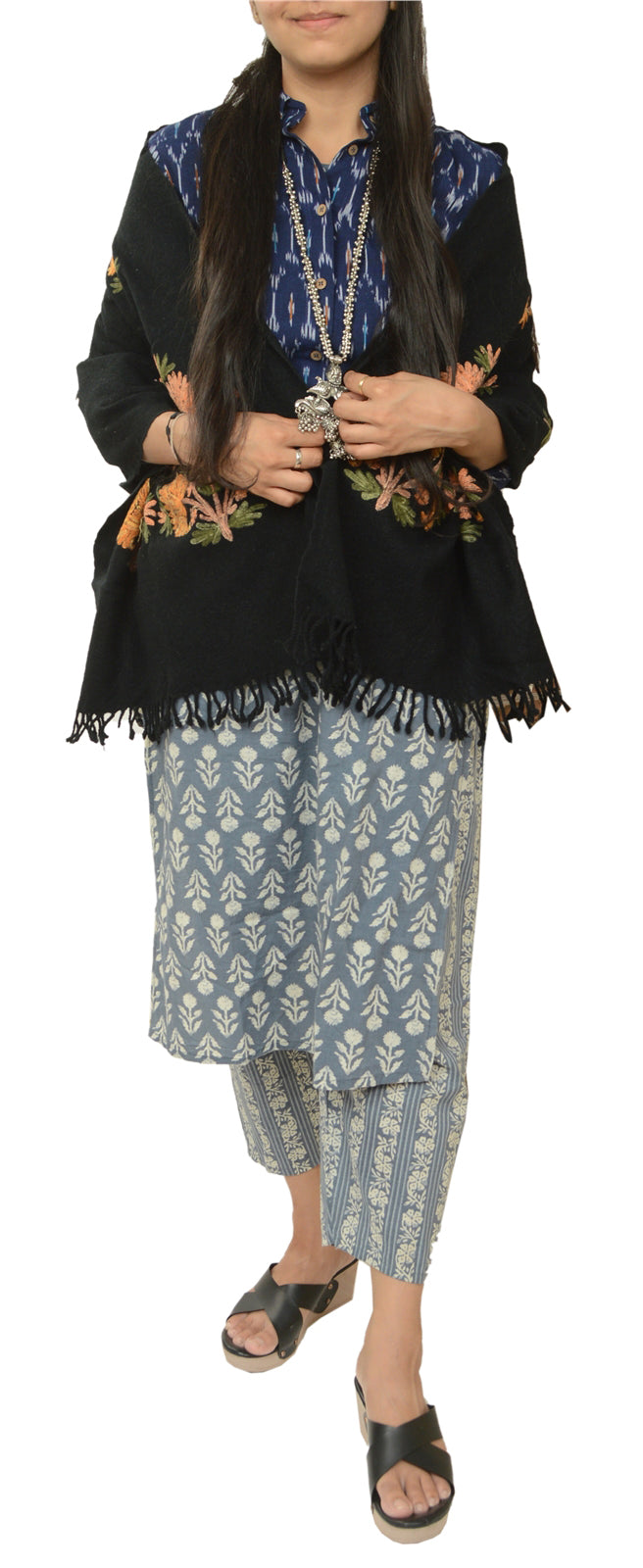 Sanskriti Vintage Black Long Shawl Handmade Ari Work Pure Woolen Stole mikasa upholstery fabric