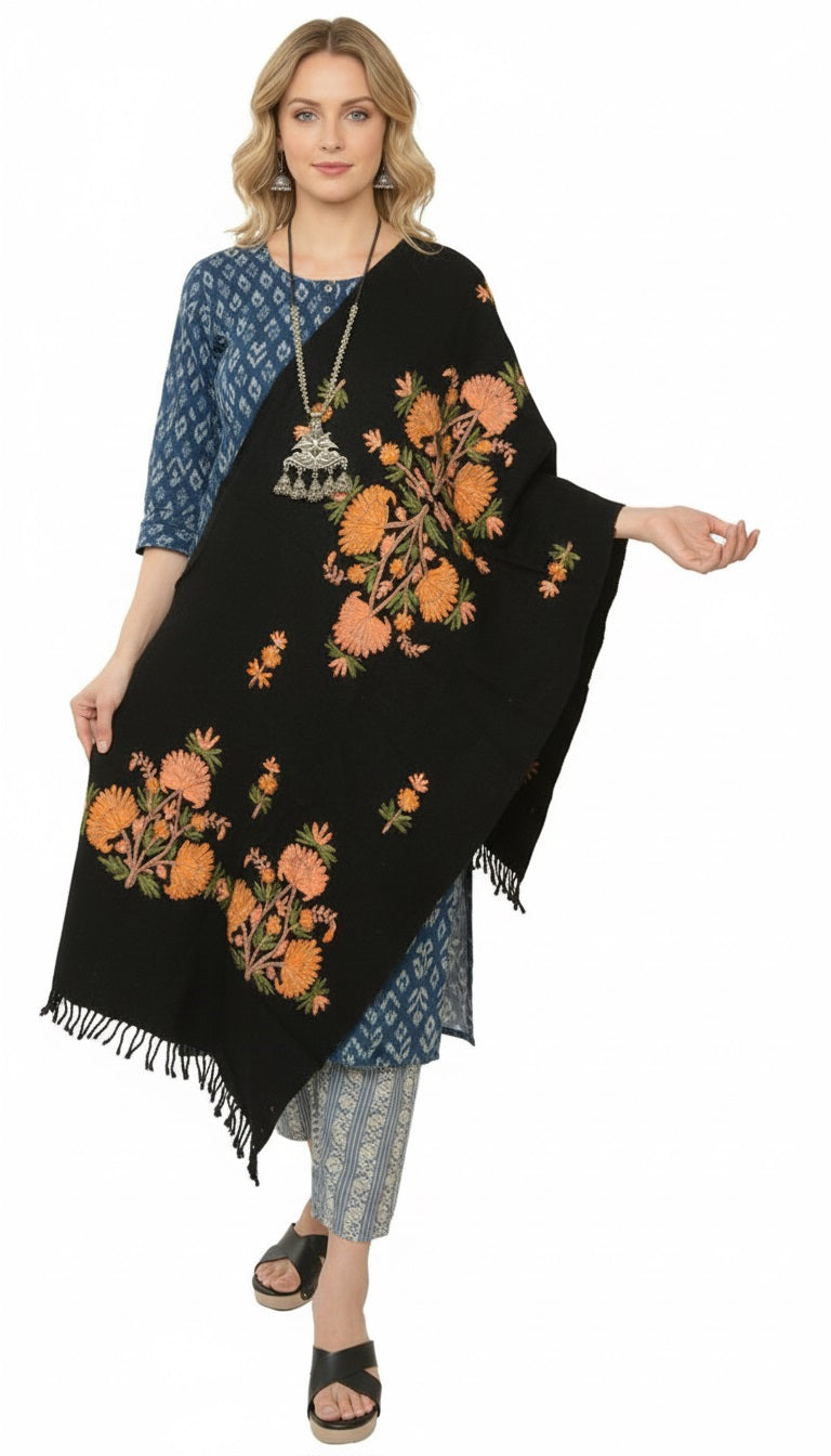 Sanskriti Vintage Black Long Shawl Handmade Ari Work Pure Woolen Scarf Stole
