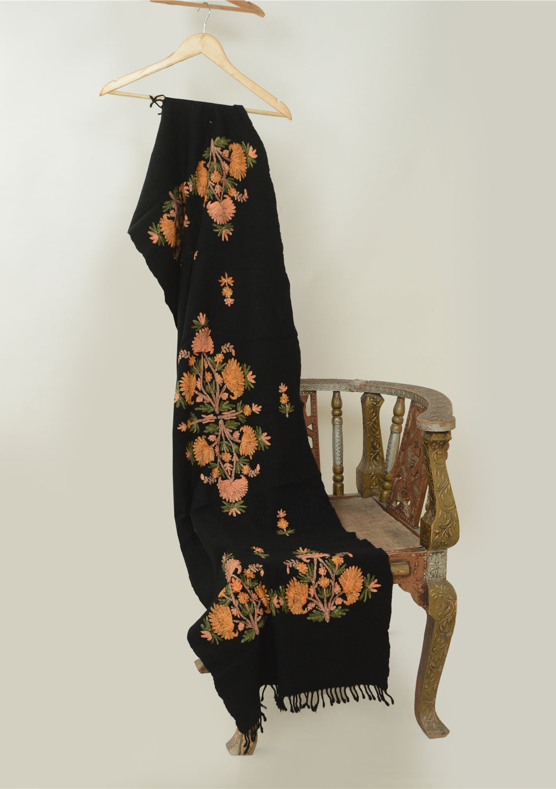 Sanskriti Vintage Black Long Shawl Handmade Ari Work Pure Woolen Stole mikasa upholstery fabric