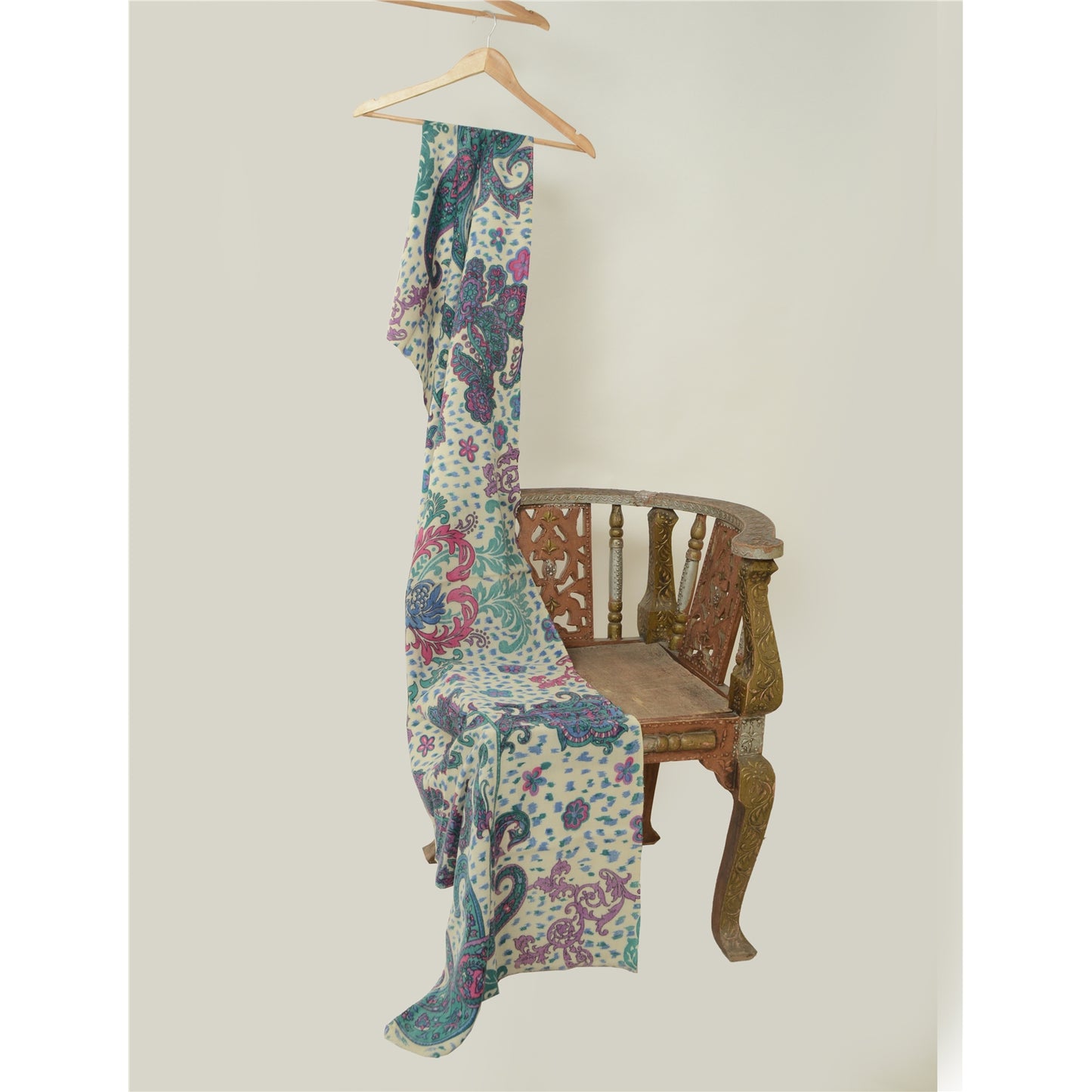 Sanskriti Vintage White Long Shawl Pure Woollen Woven Throw Floral Scarf Stole