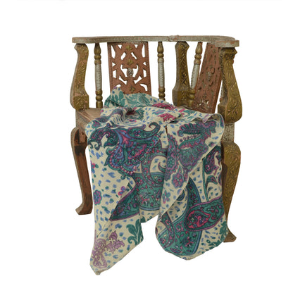 Sanskriti Vintage White Long Shawl Pure Woollen Woven Throw Floral Scarf Stole