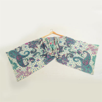 Sanskriti Vintage White Long Shawl Pure Woollen Woven Throw Floral Scarf Stole