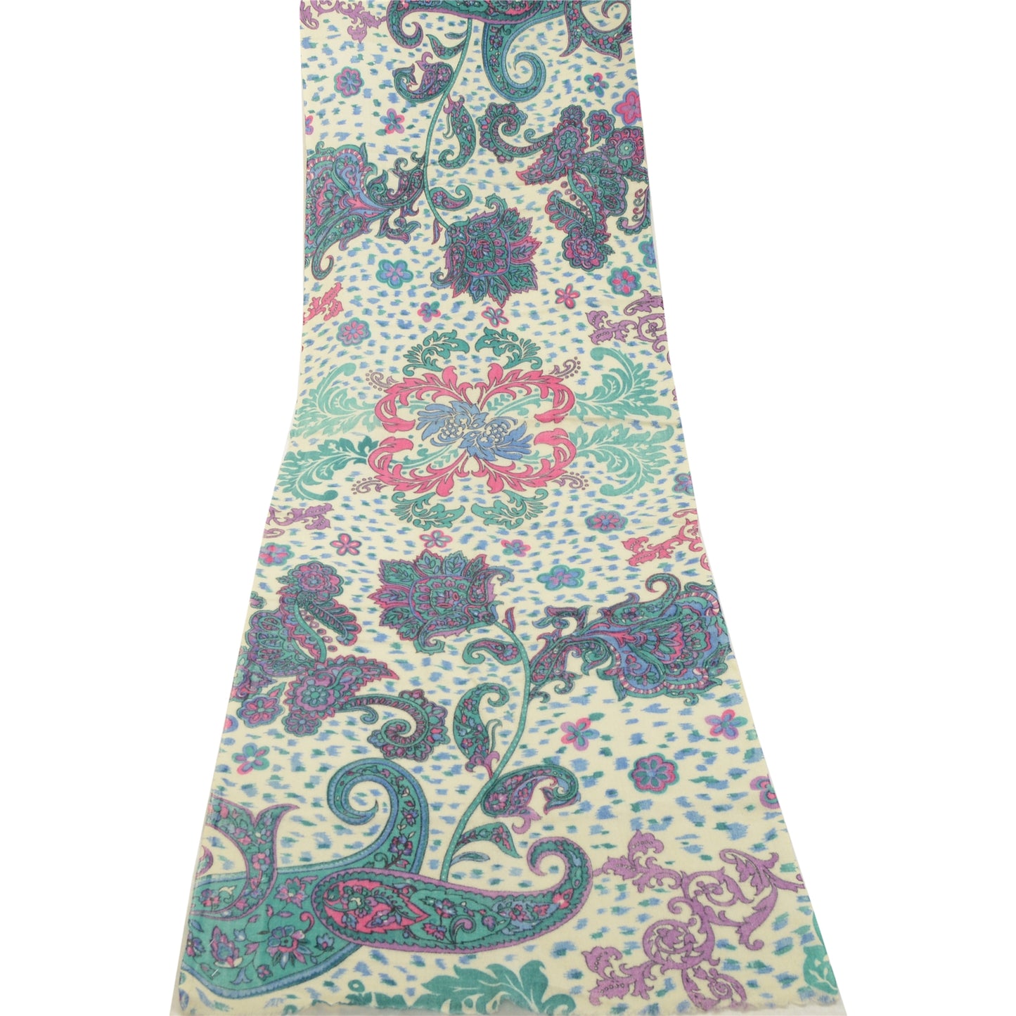 Sanskriti Vintage White Long Shawl Pure Woollen Woven Throw Floral Scarf Stole