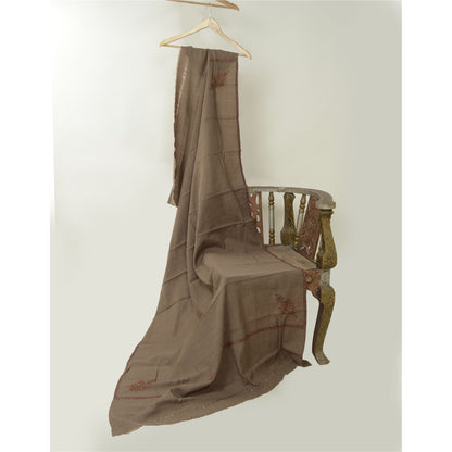 Sanskriti Vintage Brown Long Shawl Handmade Suzani Work Pure Woollen Scarf Stole