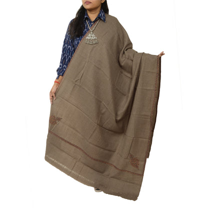 Sanskriti Vintage Brown Long Shawl Handmade Suzani Work Pure Woollen Scarf Stole