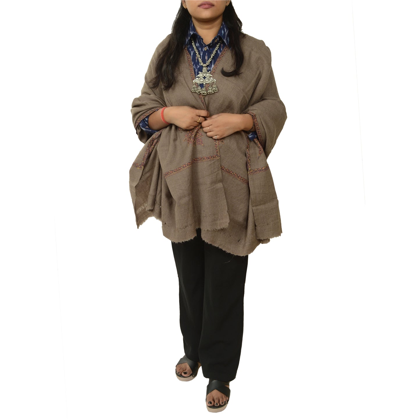 Sanskriti Vintage Brown Long Shawl Handmade Suzani Work Pure Woollen Scarf Stole
