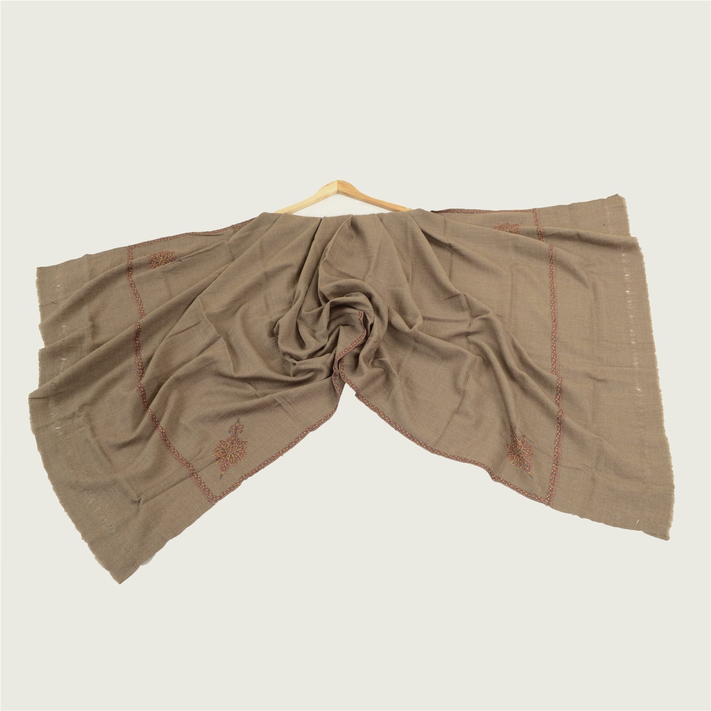 Sanskriti Vintage Brown Long Shawl Handmade Suzani Work Pure Woollen Scarf Stole