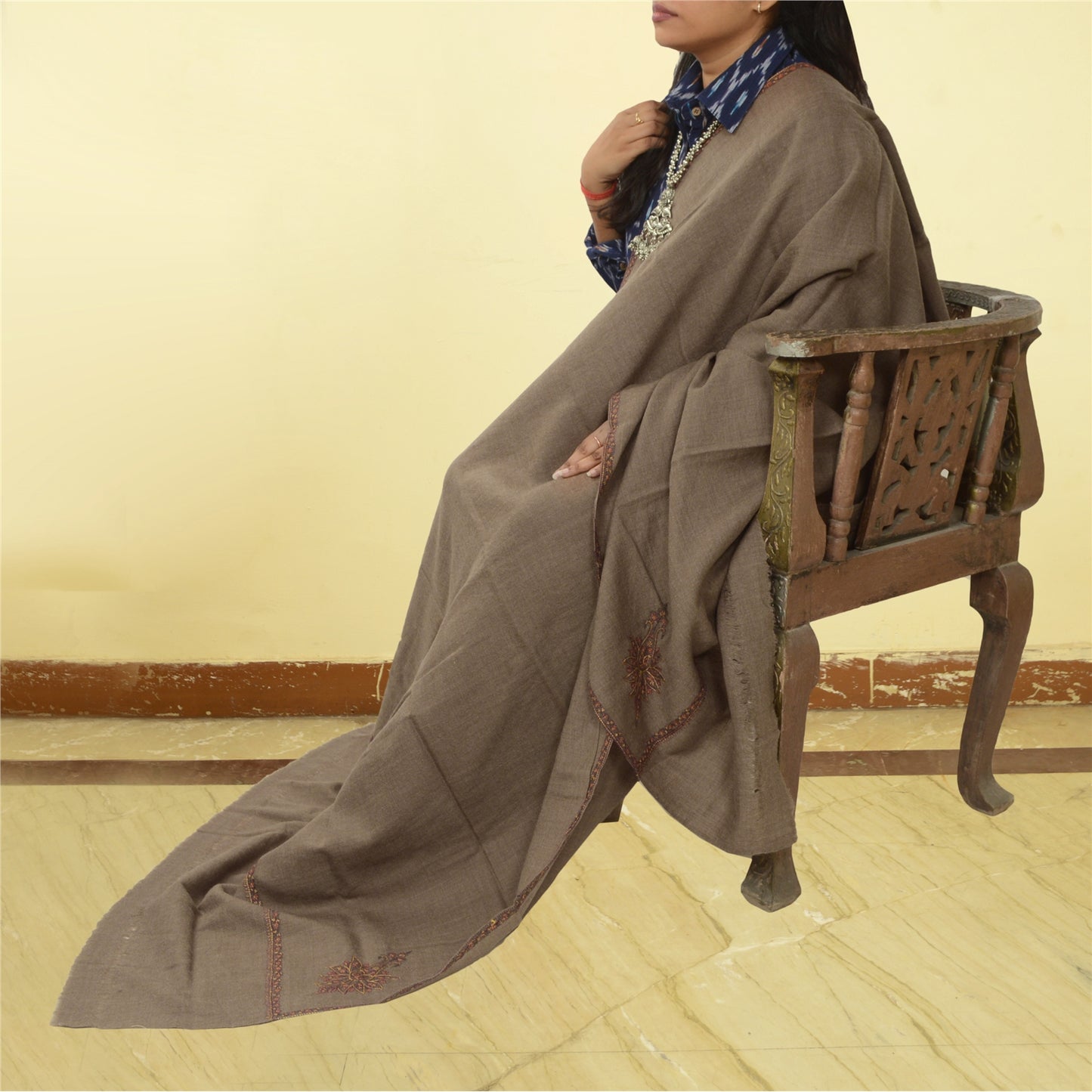 Sanskriti Vintage Brown Long Shawl Handmade Suzani Work Pure Woollen Scarf Stole