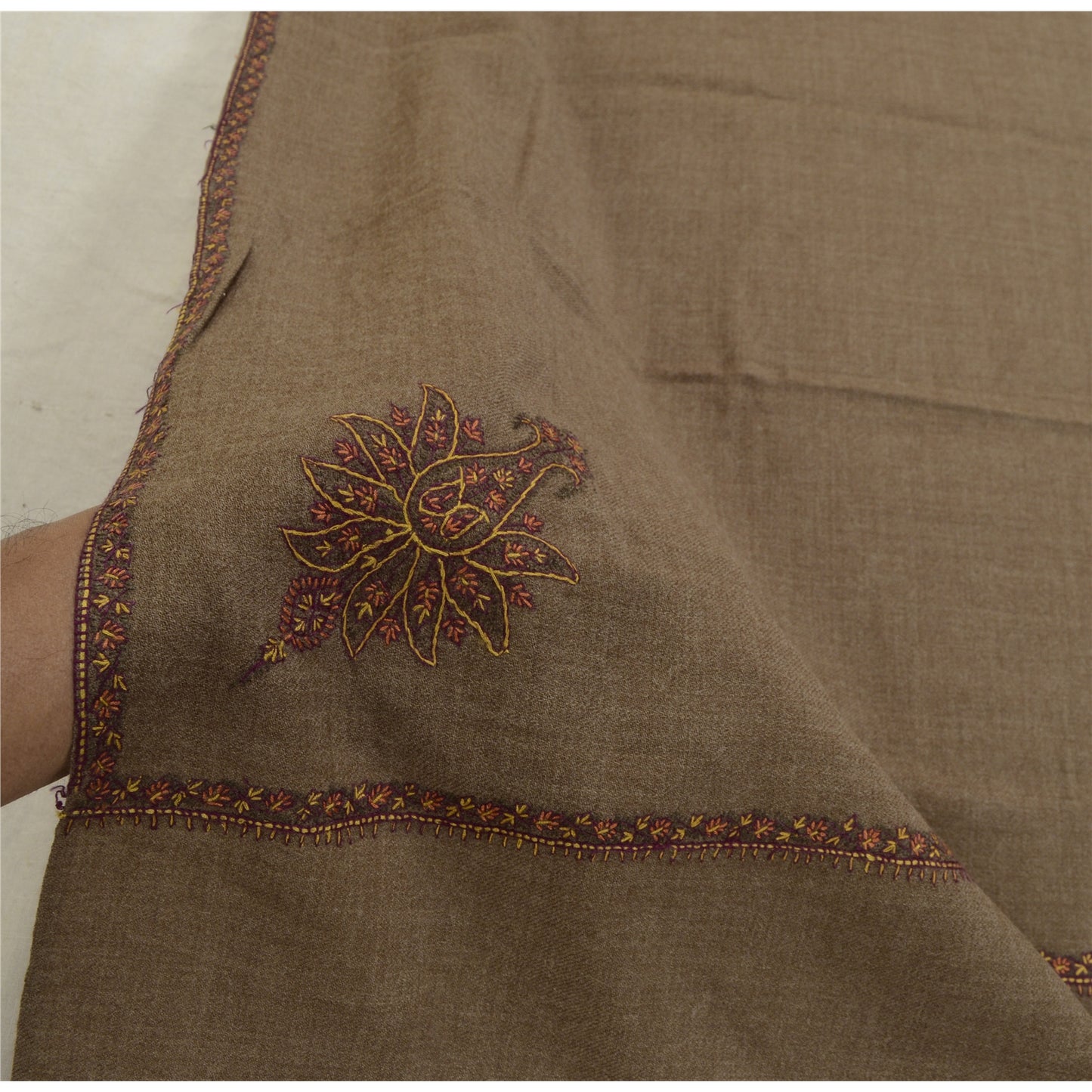 Sanskriti Vintage Brown Long Shawl Handmade Suzani Work Pure Woollen Scarf Stole