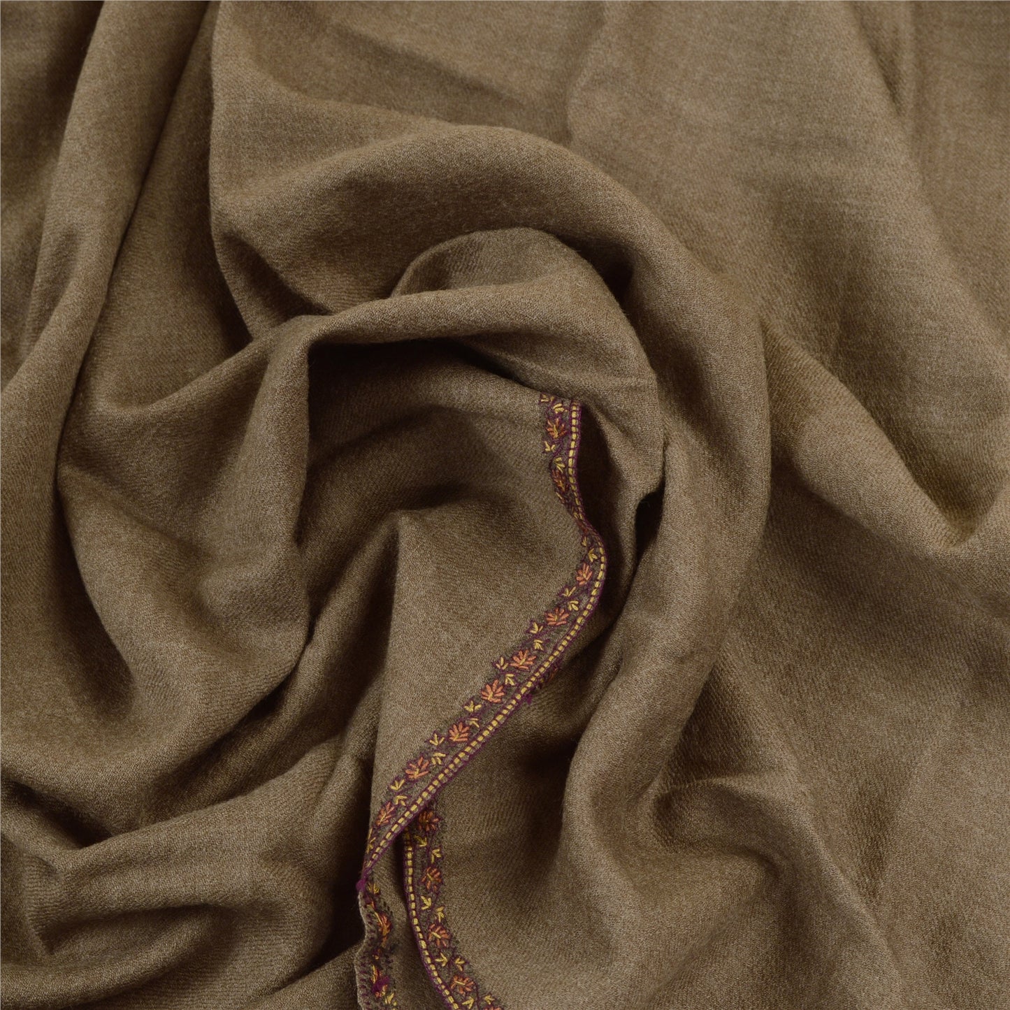 Sanskriti Vintage Brown Long Shawl Handmade Suzani Work Pure Woollen Scarf Stole